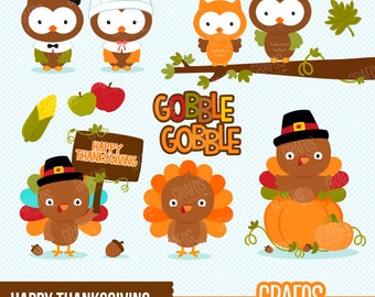 HAPPY THANKSGIVING - Digital Clipart Set, Thanksgiving Clipart, Holidays Clipart, Turkey Clipart