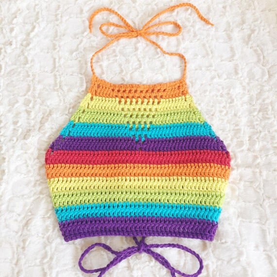 Rainbow Crochet Halter Crop Top 100 Cotton Handmade