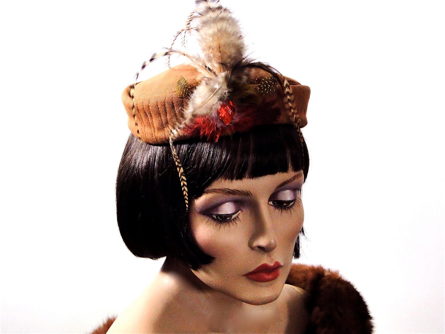 Hat Pillbox Rust Color Feather Fascinator Womens 1940s Vintage