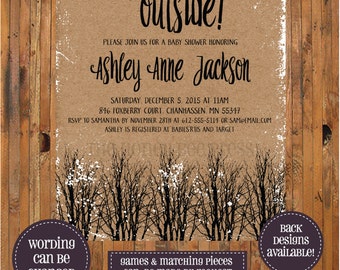 Baby It's Cold Outside Invitation - Winter Baby Shower - Snowy trees - Rustic Baby Shower - Buffalo Check - Winter Baby - Woods -- Item 0278