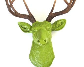 CHARTREUSE Faux Taxidermy Deer Head wall mount stag wall hanging home decor in Chartreuse with Natural-Looking Antlers Deerman the Deer Head