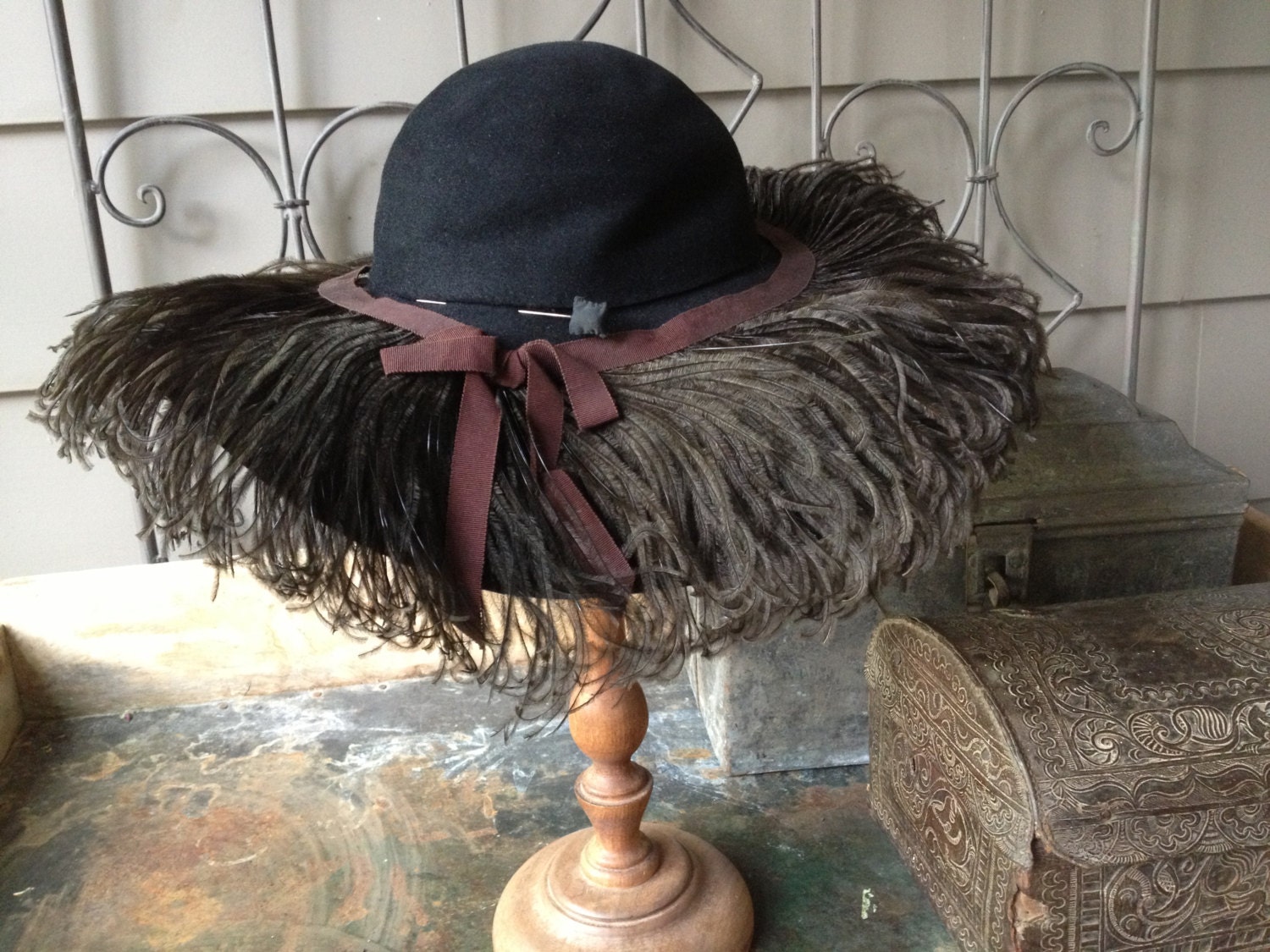 Felted Wool Ostrich Feather Hat Wide Brim Hat Stunning