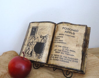 Poisoned Apple, witch spell, Halloween party decor, Haunted House Prop, snow white party apple, reclaimed book, One of a kind unique
