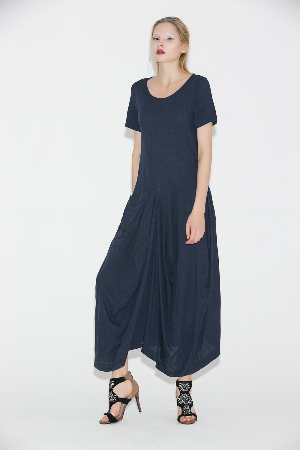 Navy blue linen dress Casual Chic Summer Loose-Fitting Plus