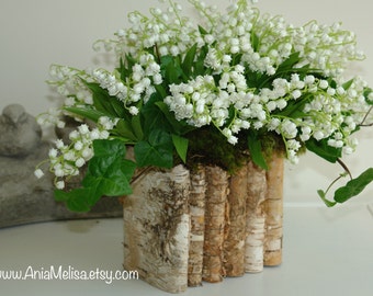 natural birch bark wood vases wedding flower pot, bridal shower, centerpieces, baskets, woodwork, rustic, chic wedding lily of the valley