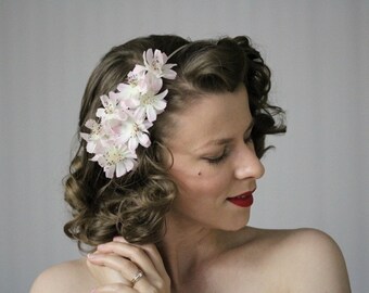 Pale Pink Fascinator, Floral Headband, Silk Flower Headpiece, Cosmos Hair Accessory, Vintage Hair Band Women 1950s - "Clandestine Gardens"