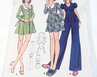 1970s Princess Seam Mini dress or Top and Straight leg Pants sewing pattern Butterick 3015 Size 5 6 Bust 28" UNCUT
