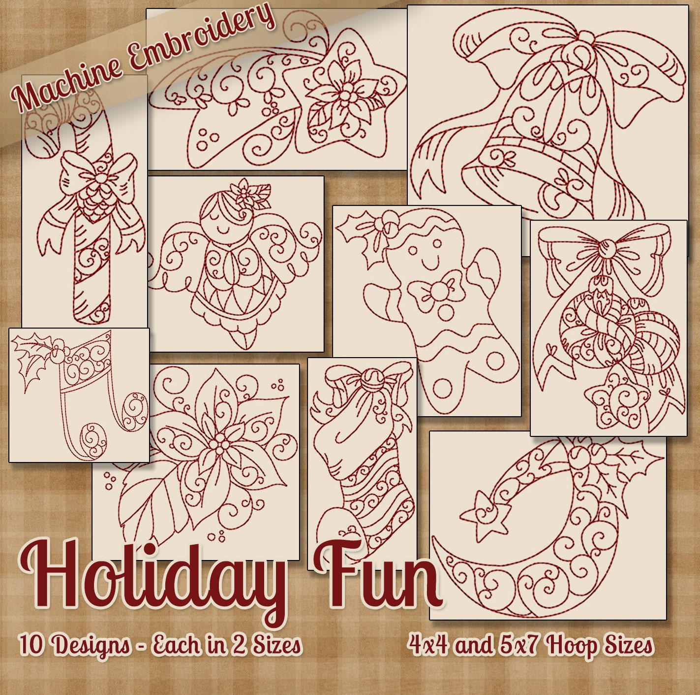 Holiday Fun Redwork Machine Embroidery Patterns / Designs 4x4