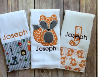 Personalized Baby Boy Woodland Creatures Burp Cloth Set, Monogrammed Burp Cloth Set, Fox Burp Cloth, Personalized Woodland Animals, Baby Boy