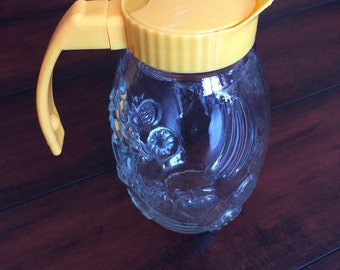 Glass Syrup Dispenser, Large Syrup Dispenser, Embossed Glass, Fruit Design Syrup Dispenser, Family Size Syrup Dispenser