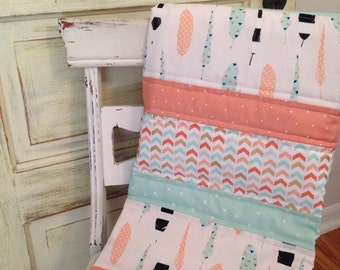 Boho Feather Baby Quilt - Coral, Mint, and Gold Baby Quilt