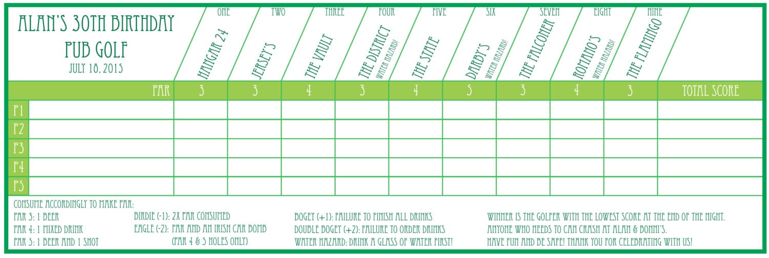 Pub Golf Scorecard Custom Printable