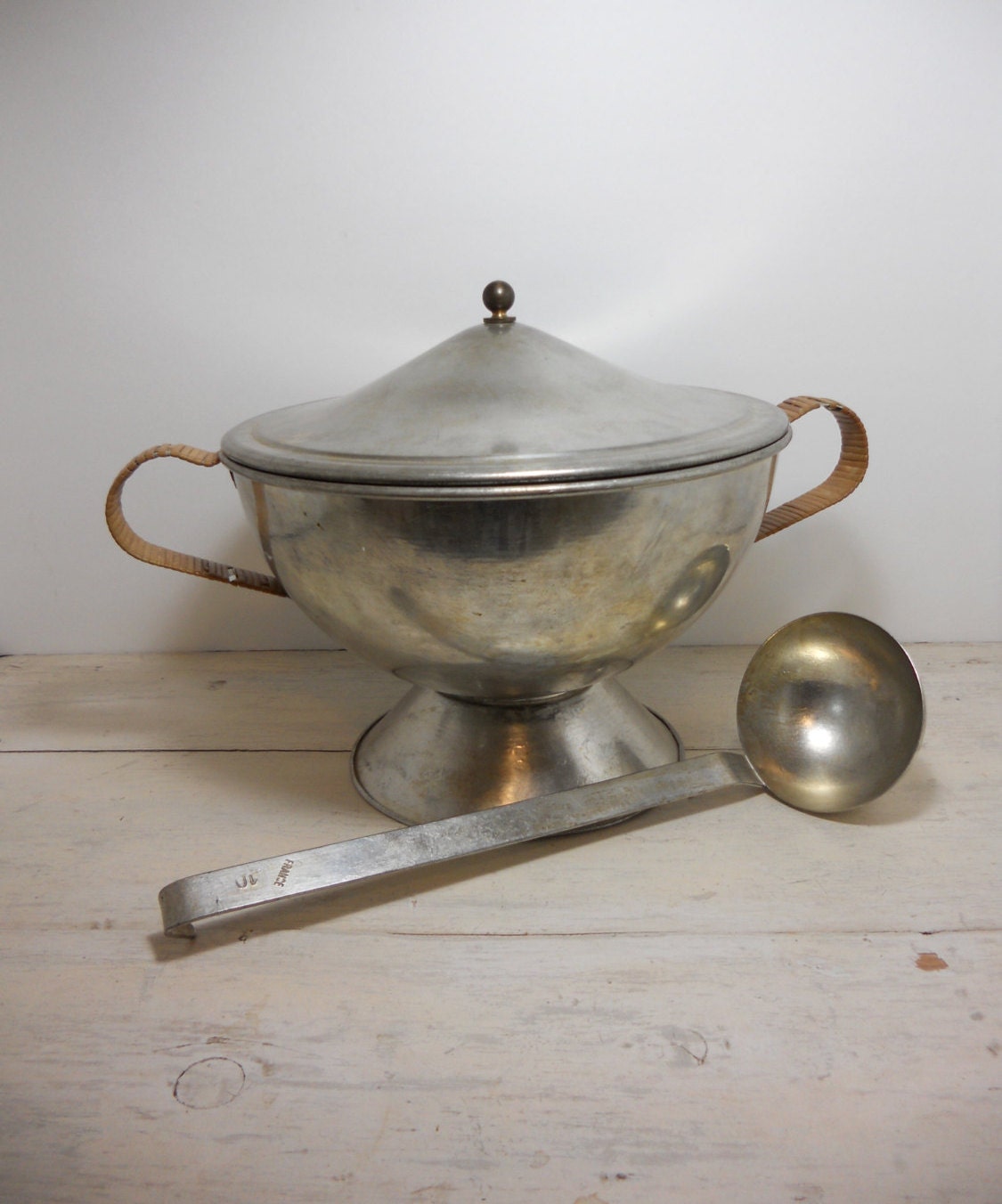 Vintage French Metal Soup Tureen and Ladle
