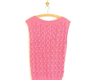 Knit Lace Shell - 60's Pink Sweater Vest - Vintage 1960's Cable Knit Lacy Hand Knit Shell
