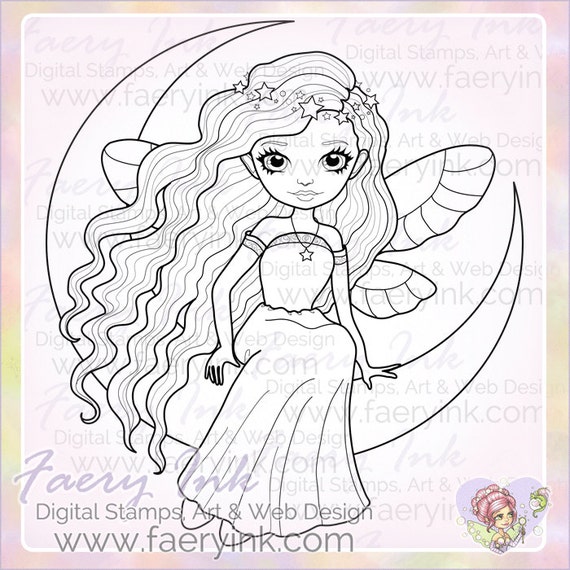 Items similar to Crescent Moon Fairy Girl UNCOLORED Digital Stamp Image ...