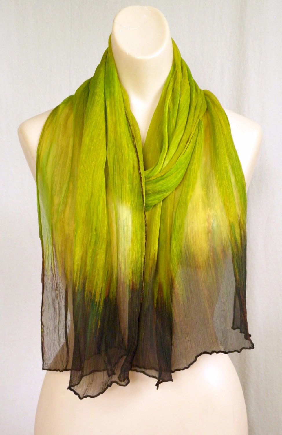 Ombre Crinkle Silk Chiffon Scarf Hand Painted Chartreuse