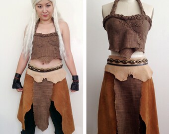 Daenerys Targaryen Cosplay Game of Thrones Khaleesi Dothraki Dress Leather Costume Handmade Set