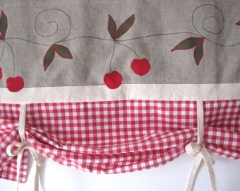 Rustic Linen Farmhouse Tie Up Valance Red Cherry Kitchen Curtain Window Treatment Country Chic Cottage Kitchen Kids Room Red Gingham Decor