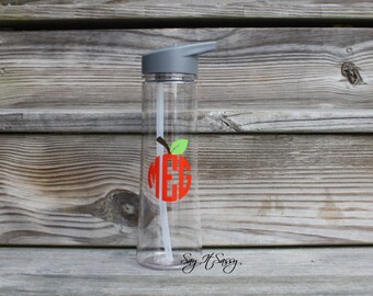 Personalized Water Bottle Sports Bottle 24 ounce Apple Monogram Waterbottle Teacher Water Bottle