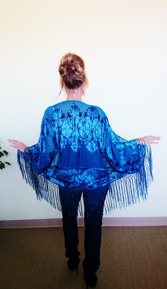 Fringe Boho Velvet Burnout Gypsy Kimono Cardigan Vivid Deep