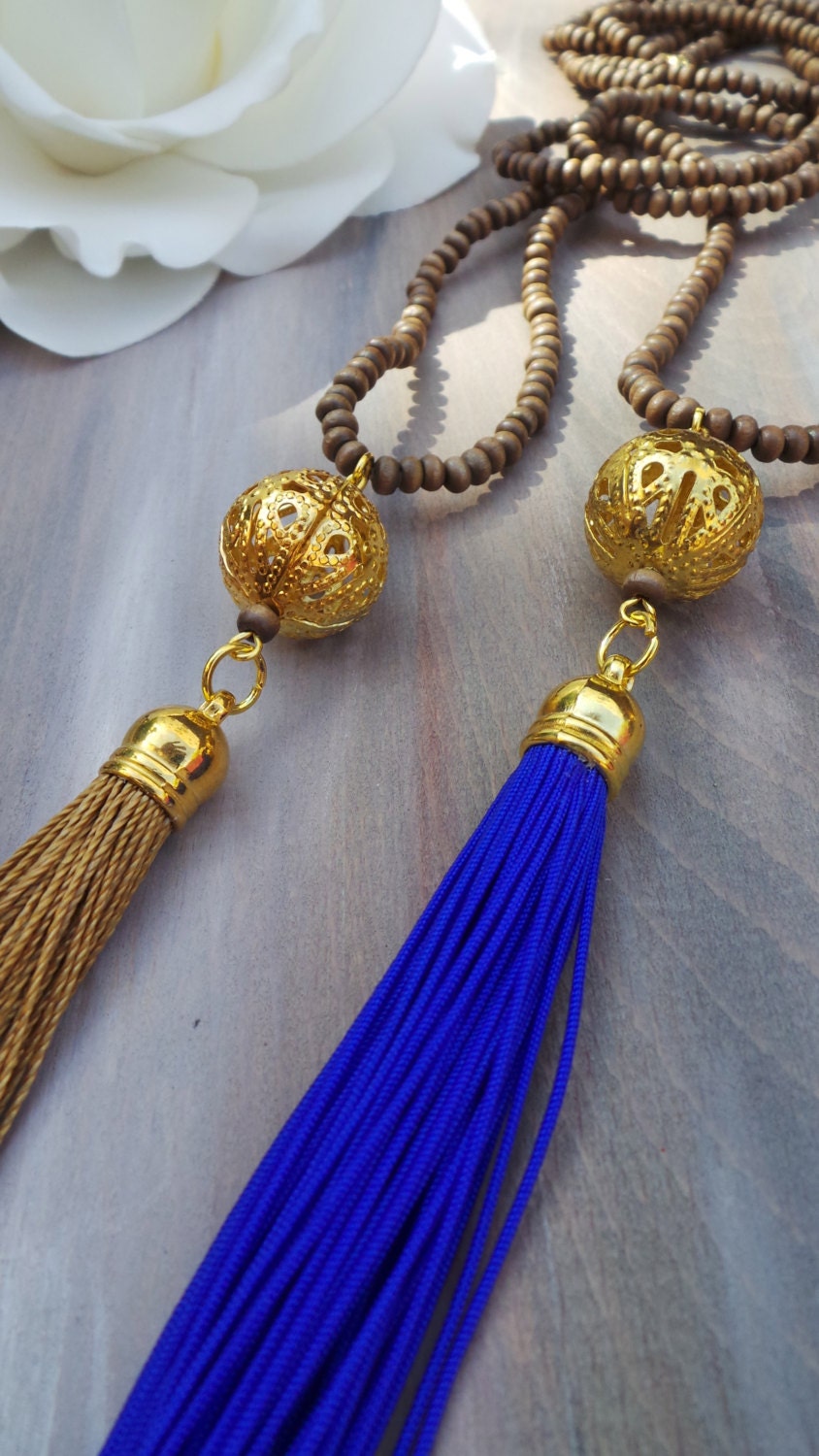 Wood bead tassel necklace. Brown tassel necklace with gold