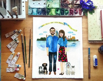 Custom portrait with the city, Custom Portrait, Custom Couple Portrait, illustration , Drawing, Wedding gift, Wall art.