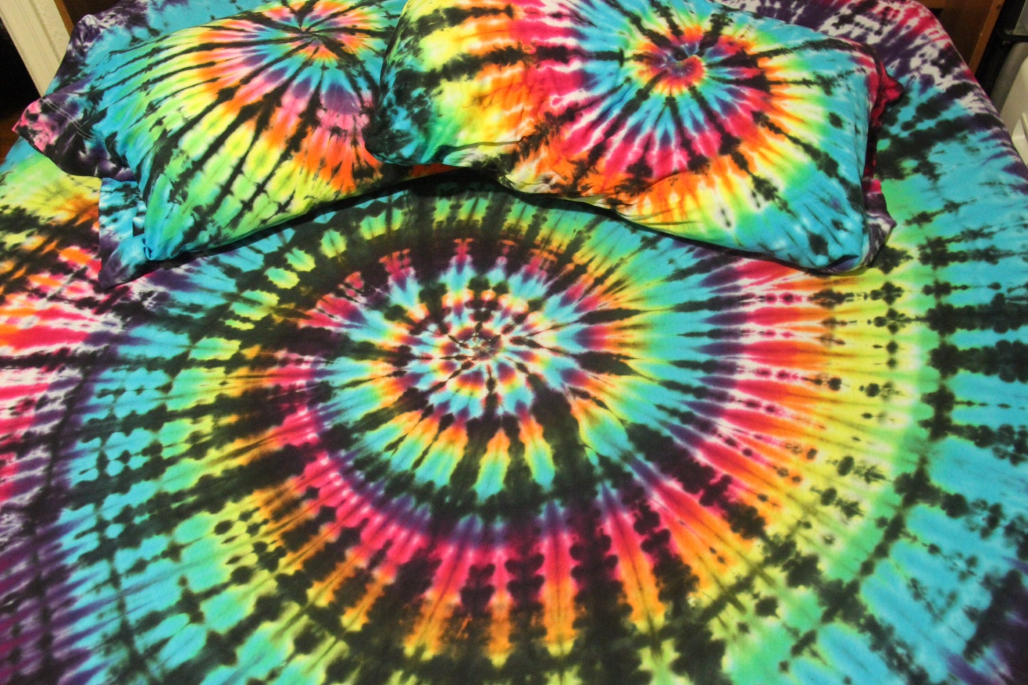 Tie Dye Sheet Set 100 Cotton Rainbow Black Spiral