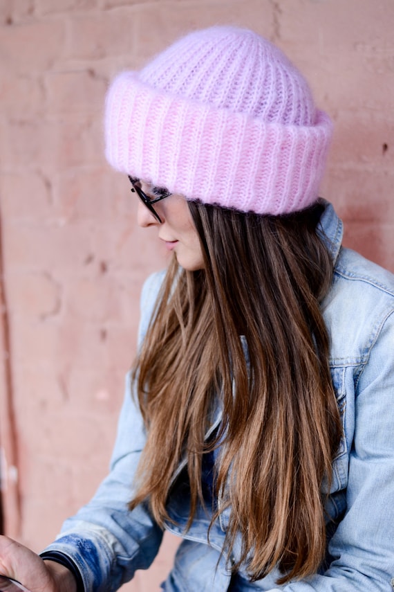 Pink mohair knit hat, Baby pink hat, Mohair winter hat