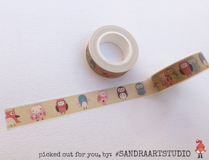 Washi tape with funny birds and owls, printed paper tape, embellishment