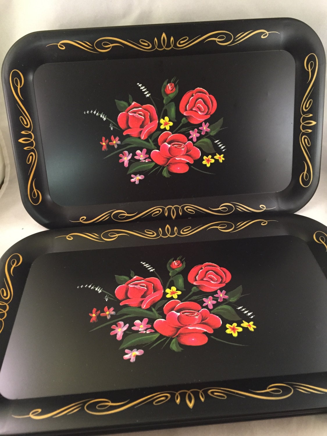 Vintage Black Floral Decorative Serving Tray, DecorativeTray, Set of 6