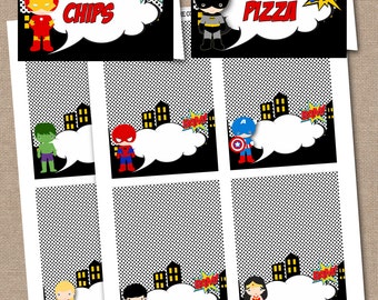 INSTANT DOWNLOAD, Superhero food Labels, Food Labels, Buffet Labels, Tent Cards, Place Cards, Superheroes, Superhero (#633)