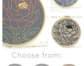 Embroidery kit, peony embroidery pattern, beginner needlecraft kit, modern embroidery patterns, DIY hoop art, coral and grey, gift for her