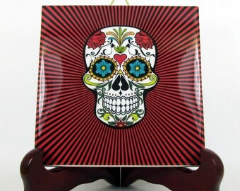 Sugar Skull Calavera Mexicana wall hanging ceramic tile Day of the Dead Dia de los Muertos red psychedelic background