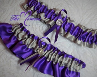 Purple and Silver Garter Set, Silver and Purple Garter Set, Ribbon Garter, Prom Garter, Silver Garter, Bridal Garter, Wedding Garter