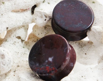Pair Chinese Bloodstone Double Flared Stone Plugs 10mm (00g) 12mm (1/2") 14mm (9/16") 16mm (5/8") 22mm ( 7/8") 25mm (1") 28mm 32mm 35mm