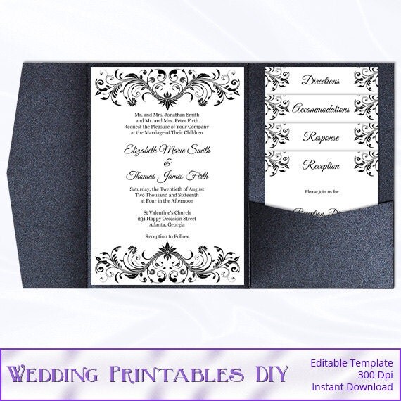 Items similar to Pocket Wedding Invitation Template Set Diy Black and White Pocketfold