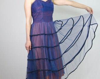 1950s (1930s?) Cobalt/Periwinkle Blue and Pink Full-skirt Tulle Party Dress
