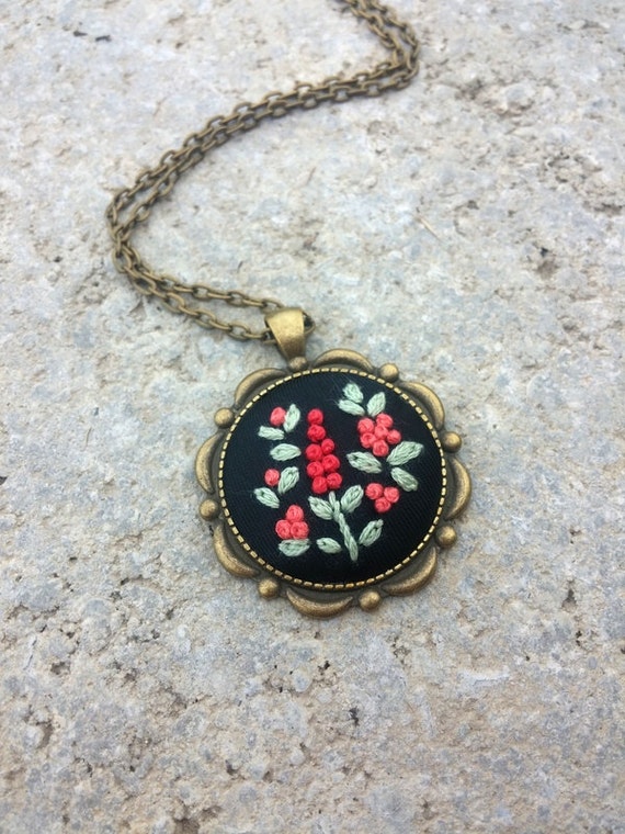 Embroidered Flower Necklace Unique Necklaces by RedWorkStitches
