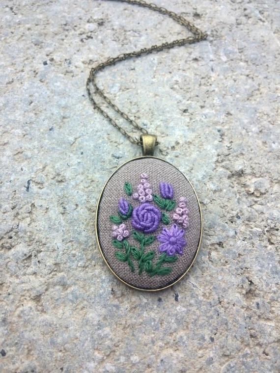 Personalized jewelry gifts for her Hand embroidered purple flower necklace Unique necklaces for women Jewelry gift for mom