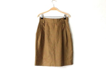 Khaki Brown Pure Linen Pencil Skirt High Waisted Midi Skirt Small Size