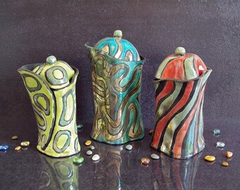 raku pottery jar with lid, ceramic canister set, kitchen jar, set of jars, raku lidded jar, colorful pottery, coffee jar, kitchen canisters