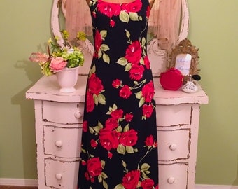 Red Rose Summer Dress, Laura Ashley Dress, Boho Floral Gown, S/SM, Black & Red Soft Cotton Weave Lined Dress, Womens Rose Print Day Dress