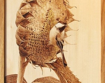 Chickadee on a Sunflower Woodburning Art