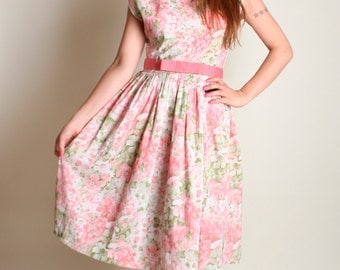 Vintage 1960s Floral Dress - Cotton Candy Pink Flower Garden Print Day Dress - Medium Large