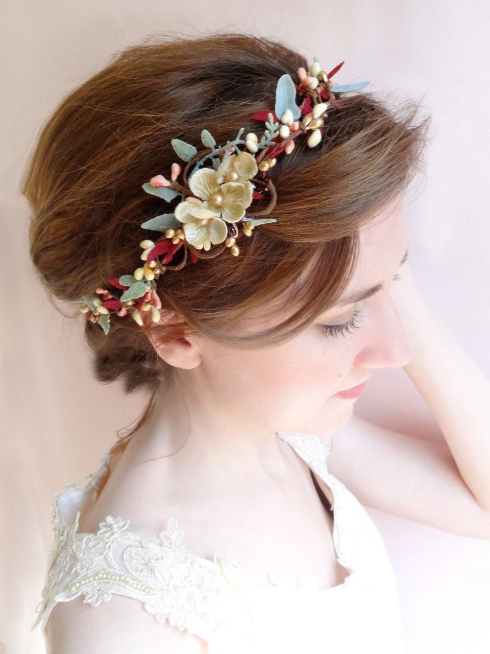 Burgundy headband burgundy and gold bridal hair piece