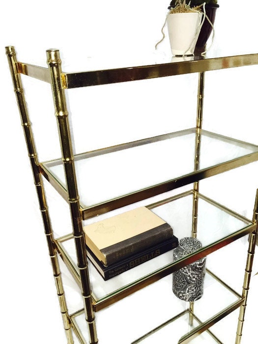 Vintage Faux Bamboo Brass Etagere' Gold Tone Glass 5 Tier ...