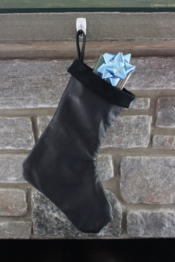 Black Leather Christmas Stocking 100 Hand Made in the USA.