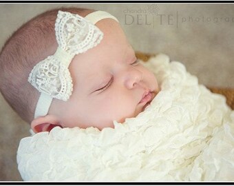 Newborn Baby Headband Vintage Lace Ivory Baptism Wedding Christening Bow | Infant Toddler Girls Headband | Wedding Accessories | All Sizes