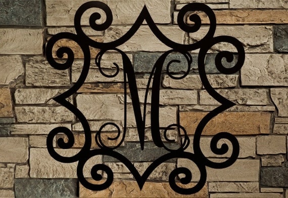Large Single Metal Initial Vine Monogram With Wrought Iron Inspired Scroll Border 32&quot;-48&quot;, Wall ...