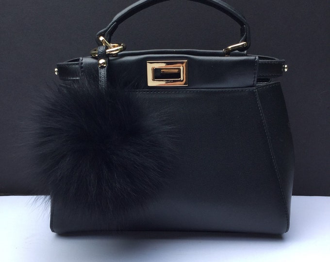 Fur bag charm, fur pom pom keychain, fur ballkeyring purse pendant in black